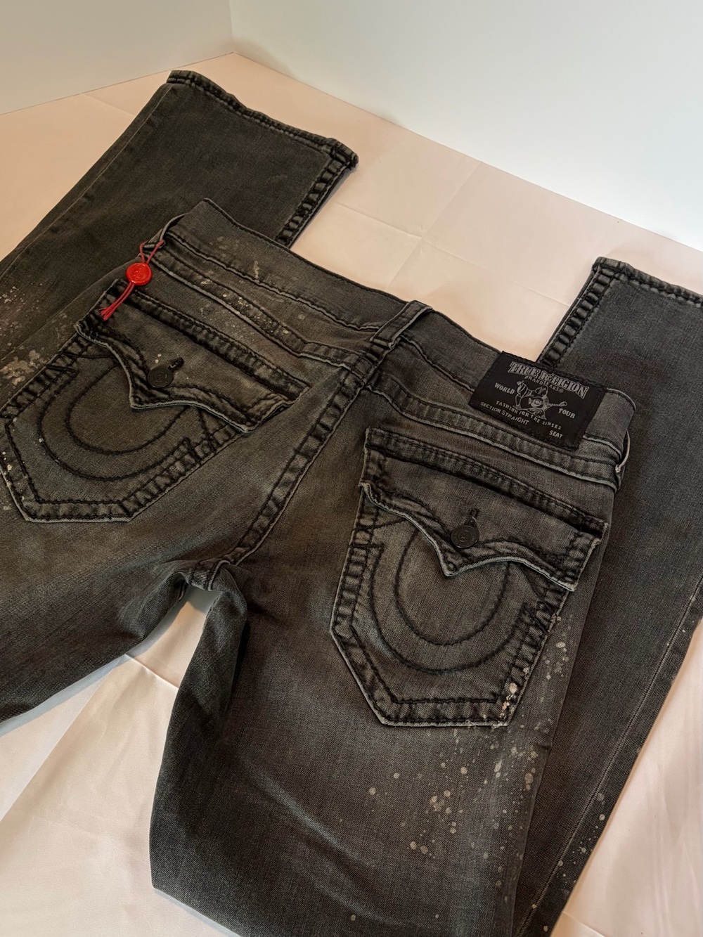 True Religion Straight Grey Acid Wash Paint Splatter Jeans